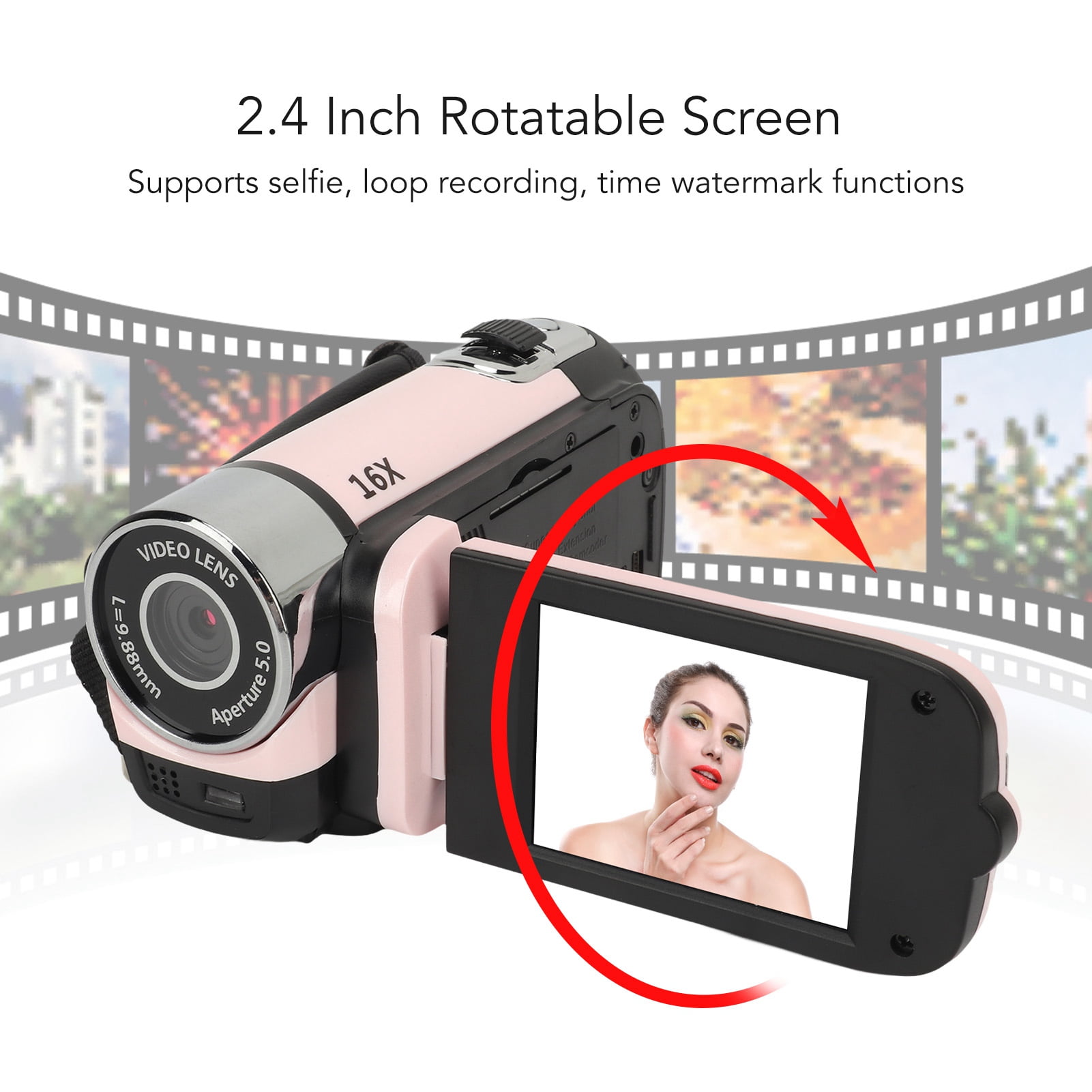 Digital Camera,Digital Camera 2.4 Inch Rotatable Screen Camcorder 16X Zoom HD Video Recorder with Fill Light, Anti Shake,Portable Video Recorder for Boys Girls D90 1080P 16MP (Pink)