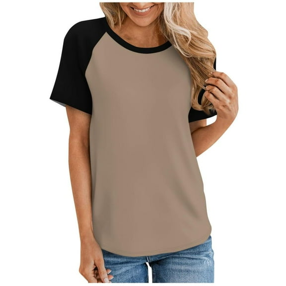 VERUGU Womens Tops Raglan Sleeve Crew Neck Shirts Summer Trendy Colorblock Short Sleeve T-shirts Loose Casual Comfy Blouses for Leggings Khaki L