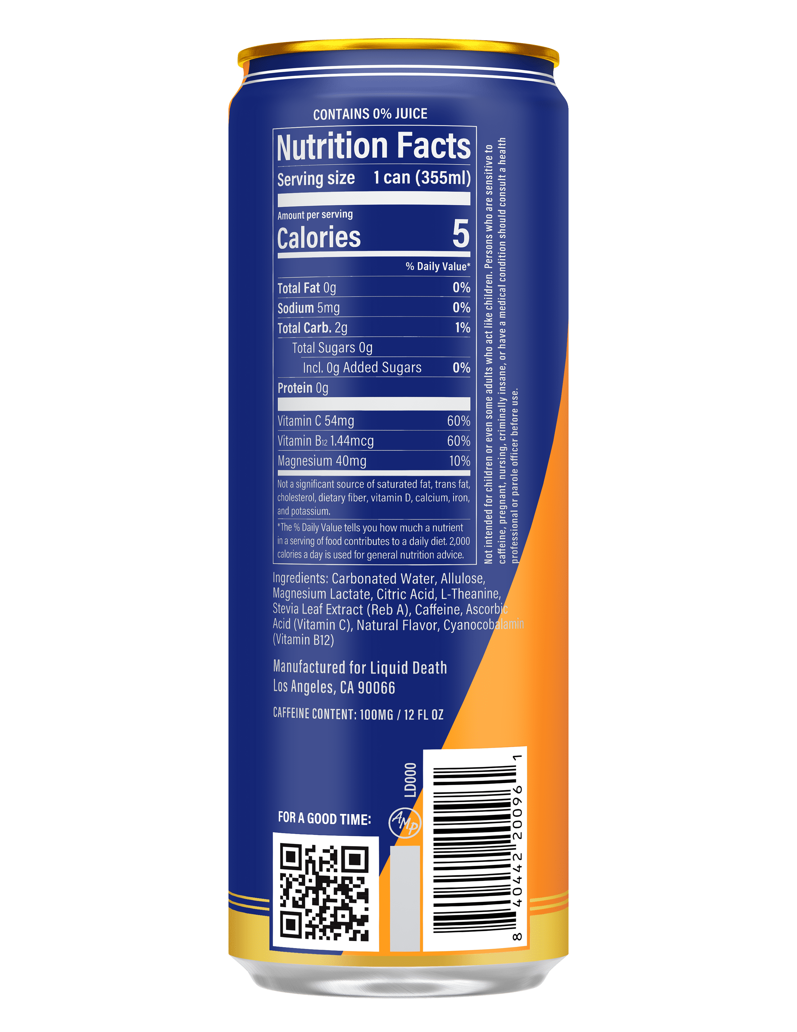 Liquid Death Sparkling Energy - Orange Horror (Orange and Cream), Zero Sugar Energy Drink, Unextreme Caffeine 100mg, Essential Vitamins, 12 fl oz