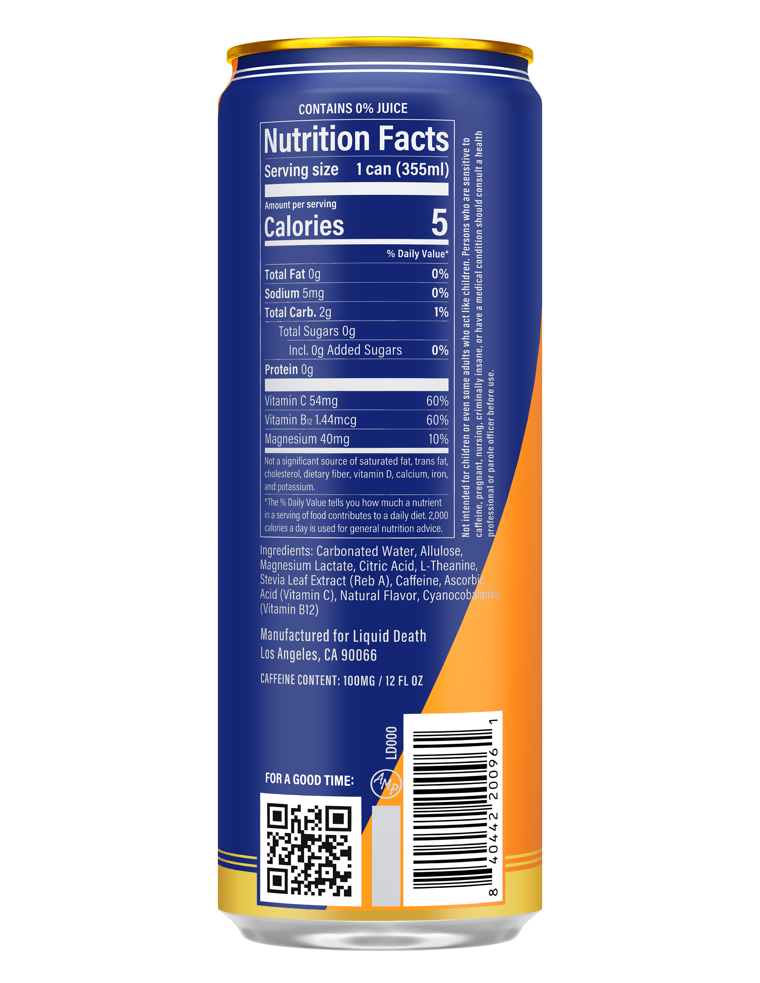 LIQUID DEATH SPARKLING ENERGY – ORANGE HORROR (ORANGE AND CREAM), ZERO SUGAR ENERGY DRINK, UNEXTREME CAFFEINE 100MG, ESSENTIAL VITAMINS, 12 FL OZ