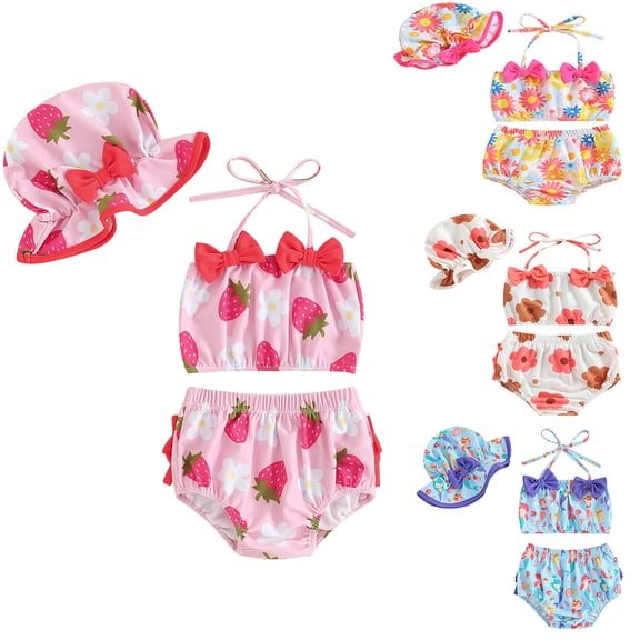 Girls Rash Guard Swimsuits Toddler Infant Baby Girl Floral Bathing Suit Bikini Sets Swimwear 3 Piece Summer Beach Outfit Top Shorts Hat