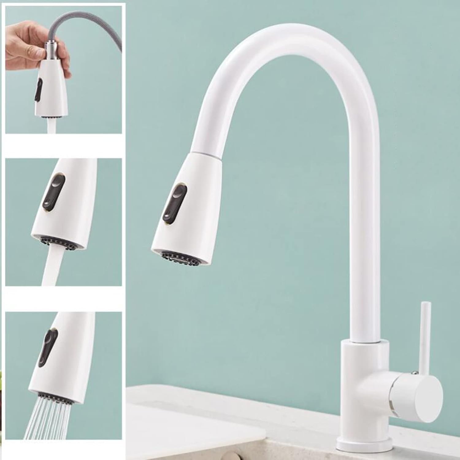 Kitchen Faucets with Pull Out Spray, Kitchen Sink Mixer Faucet Brass 360° Rotation Hot Water and Cold Water Single Hole Multifunction Pull Out Kitchen Mixer Faucet White-B