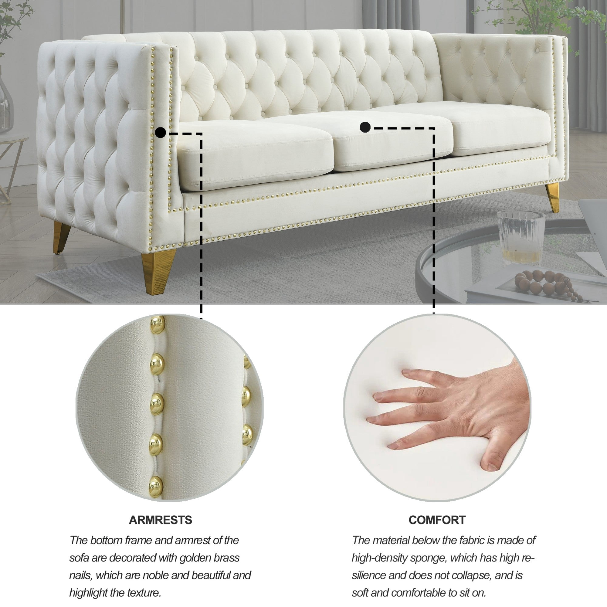 Sailvan 67" Modern Velvet Sofa, Button Tufted Chesterfield 3-Seater Couch with Nailhead Trim and Metal Legs for Living Room Beige