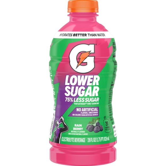 Gatorade Lower Sugar, No Artificials Rain Berry Flavored Electrolyte Sports Drink, 28 fl oz, 75% Less Sugar, Hydration