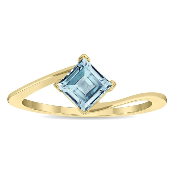 SZUL Women's Solitaire Square Shaped Aquamarine Wave Ring in 10K Yellow Gold