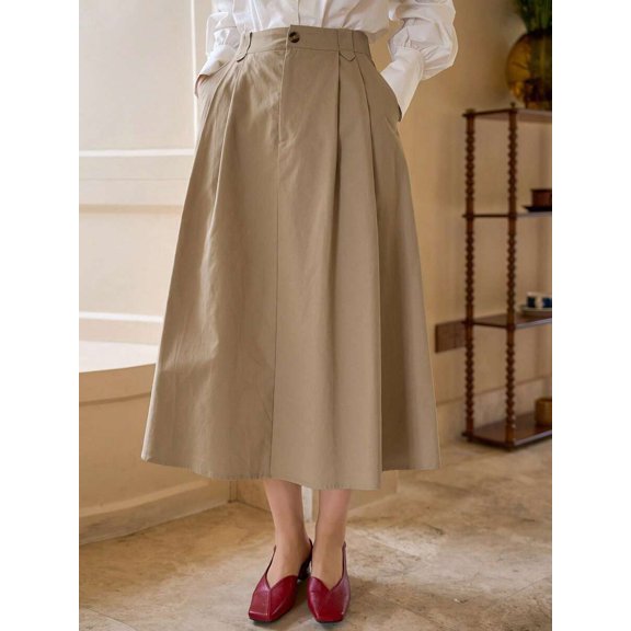 High-Waist Pleated A-Line Midi Skirt In Khaki