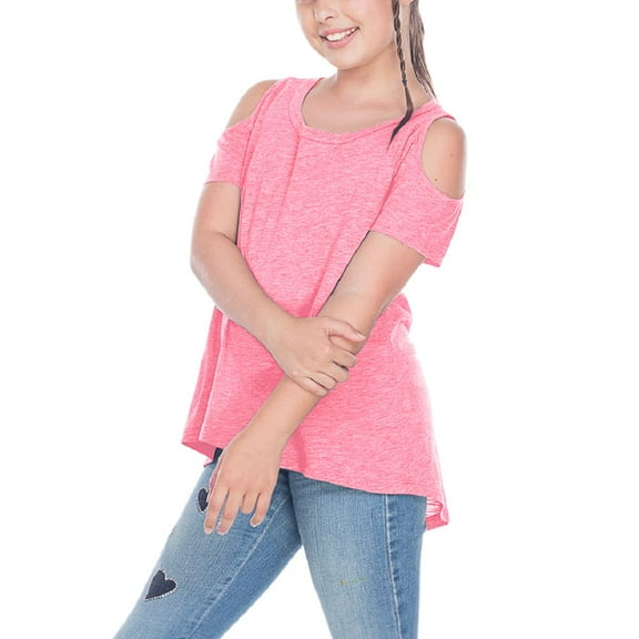 Girls 7-16 Slub Jersey Scoop Neck Cold Shoulder High-Low Short Sleeves Pink Flash XL