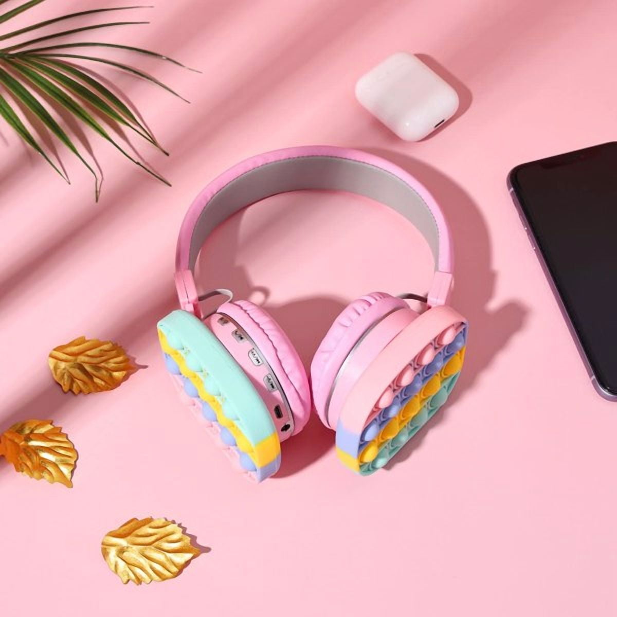 Cat Ear Headphones Kids Toy Headset, Wireless Bluetooth Headphone Pop Bubble On-Ear Headphone Fidget Toy Rainbow Color Fidget Headset for Children Adults (Pink)