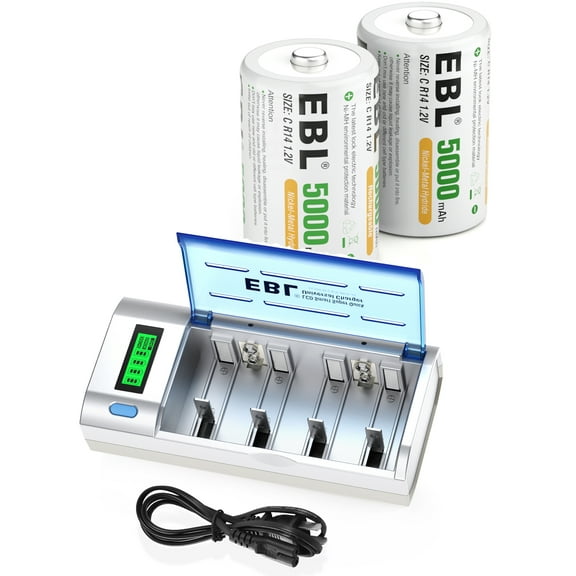 EBL C Cell Batteries Rechargeable (2 Pack) with Battery Charger
