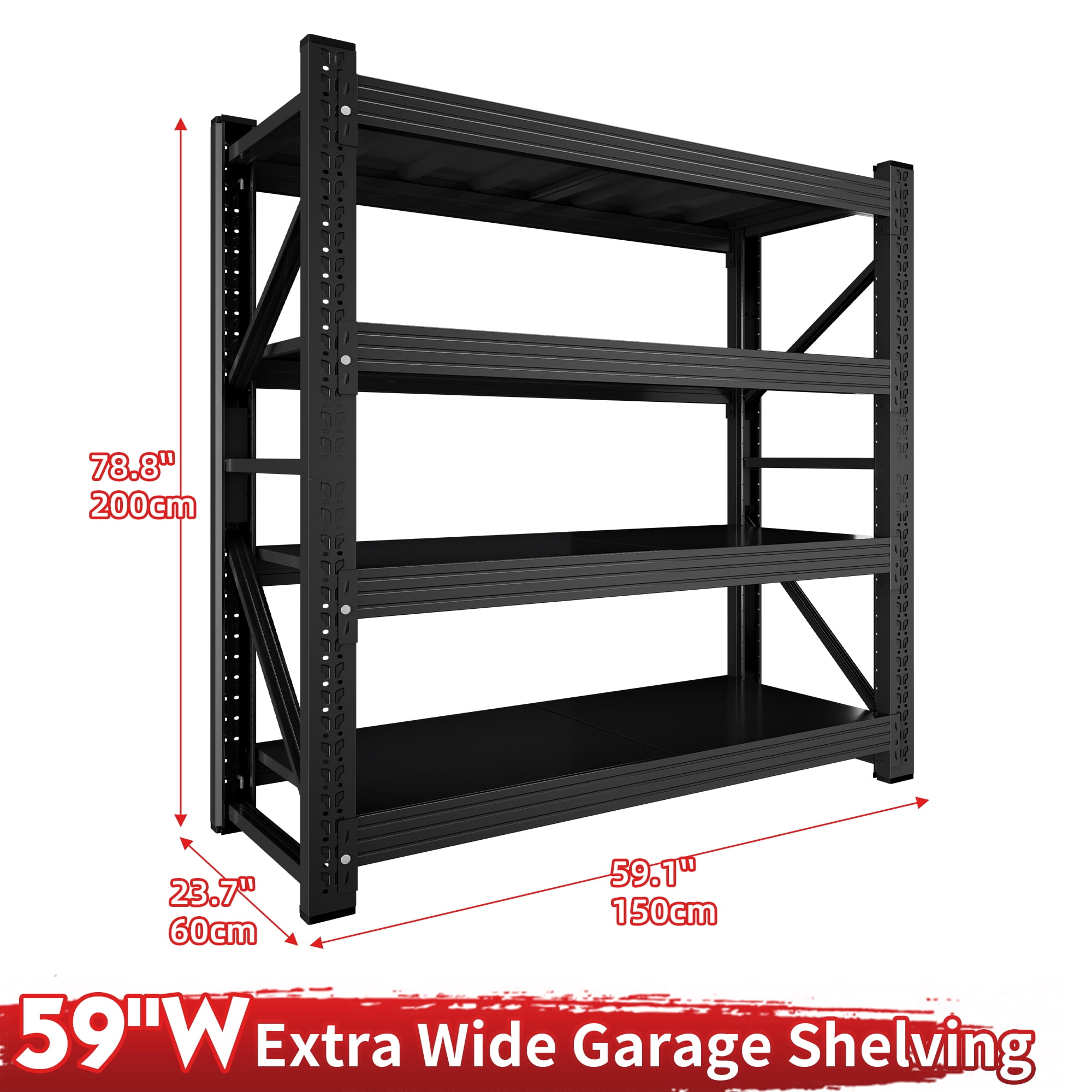 59" W Garage Shelving 3000LBS Garage Storage Shelves 4-Tier Metal Adjustable Shelf Unit Storage Rack for Basement Supermarket Warehouse 59" W x 24" D x 78" H Black