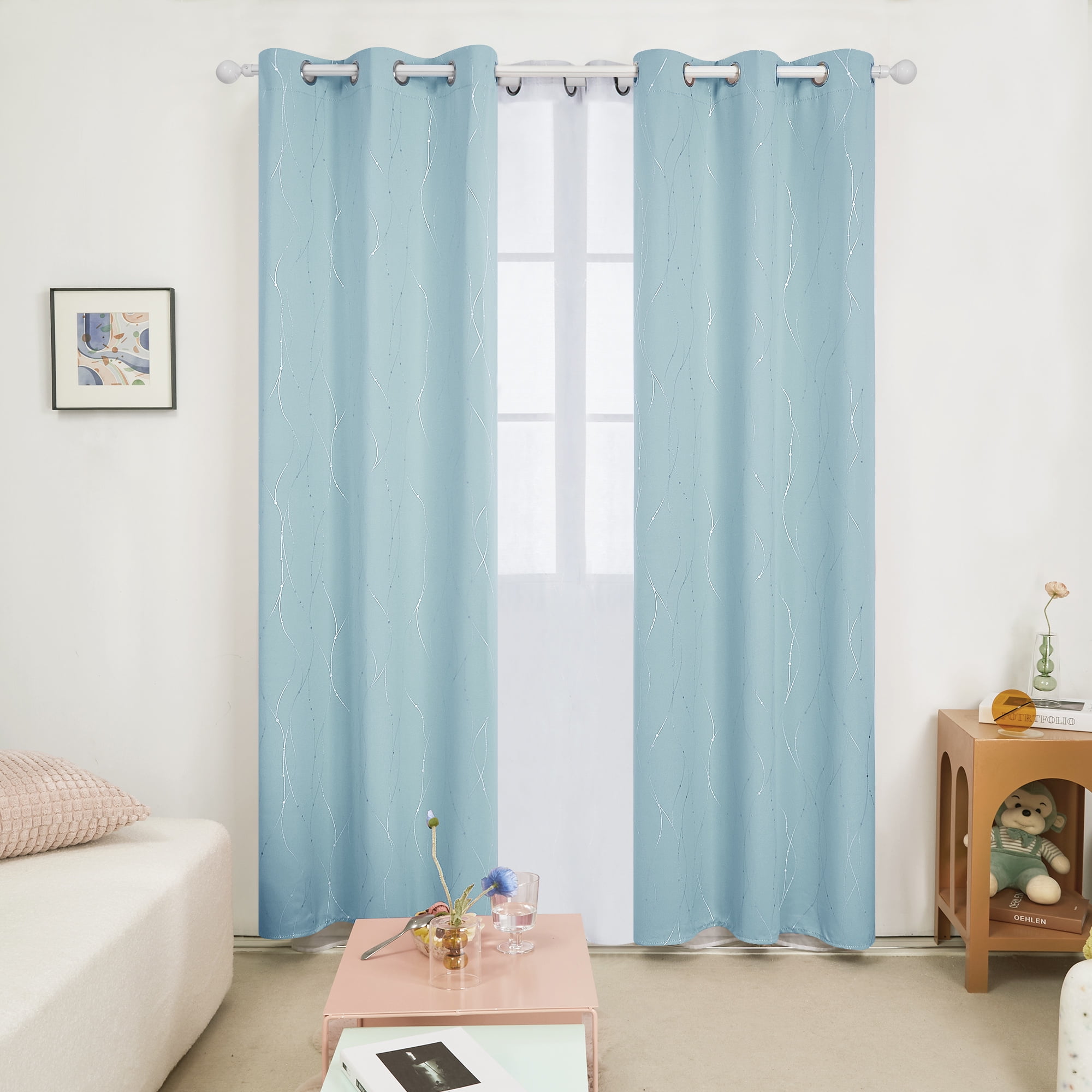 Deconovo Light Blue Curtains for Kid's Room, Blackout Curtains 84 inch  Long, Room Darkening Curtains with Wave Line Dots Pattern (42 x 84 inch, Sky  Blue, 2 Panels) 