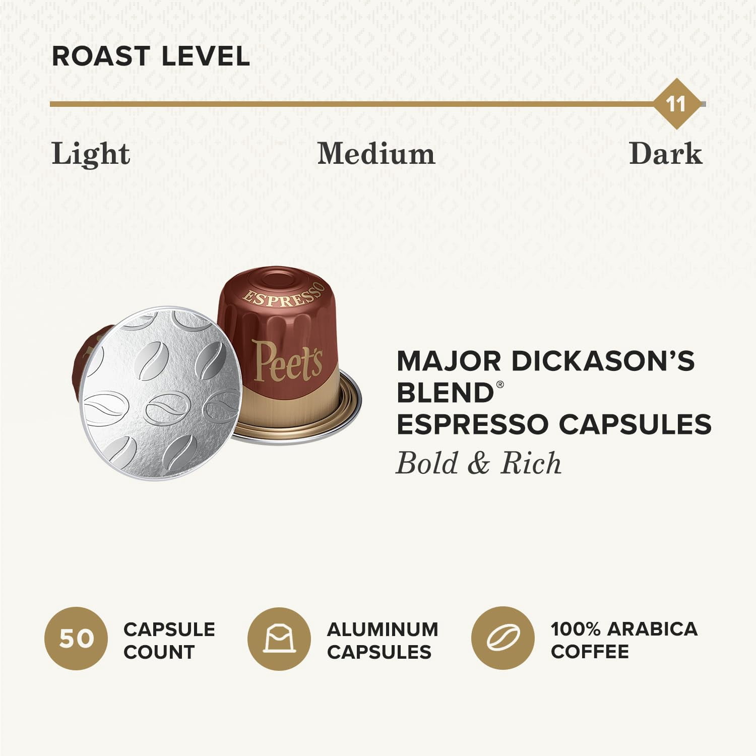 Peet's Coffee, Dark Roast Espresso Capsules, Compatible with Nespresso Original Machines, 100% Arabica Coffee - Major Dickason's Blend Intensity 11, 50 Count (5 Boxes of 10 Espresso Capsules)