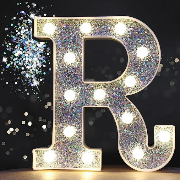 Light Up Letters, Glitter Letter Lights Battery Powered Silver Marquee Letters LED Alphabet Letter Sign for Night Light Wedding Birthday Party Girls Gifts Christmas Home Bar Decorations-Shiny Letter R