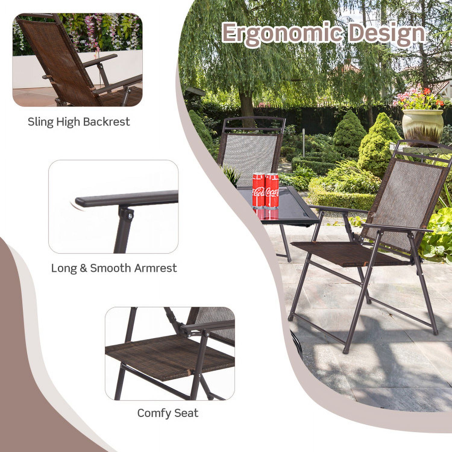 Aimee Lii Set of 4 Patio Folding Sling Chairs Steel Camping Deck, Outdoor Furniture