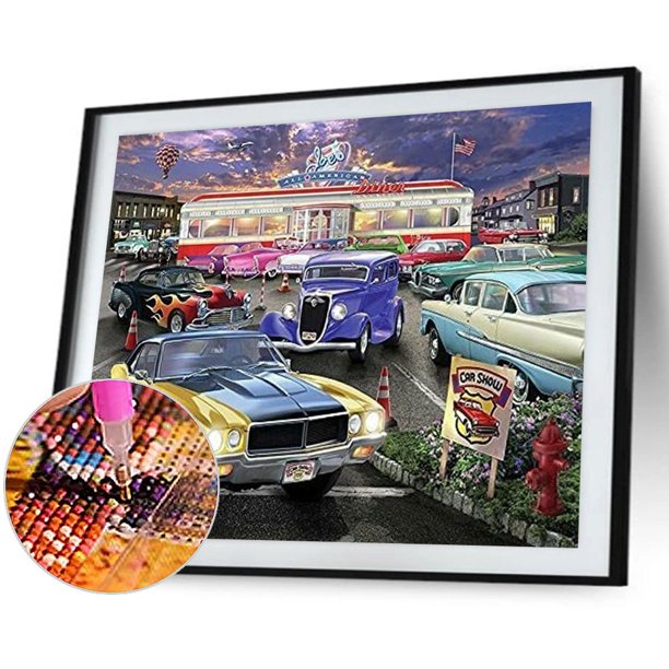 Cuadros Decorativos Kits de dibujo de diamantes para coche clásico 5D DIY taladro redondo completo decoración de diamantes de imitación para pared Tmvgtek embutido en tela