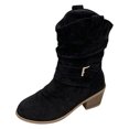 thumbnail image 4 of Rokment Women's Slouchy Wide Mid Calf Cowgirl Boots Fashion Casual Suede Buckles Pointed Toe Chunky Stacked Heels Cowboy Dress Short Booties Fall Winter, 4 of 6
