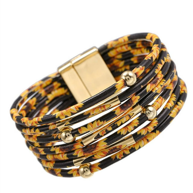 yingyy Bracelet Multi-layers Magnetic Buckle Leather Multi-colored Leopard Print Bangle Party Decoration Wristband Jewelry Chrysanthemum 1Set