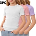 thumbnail image 2 of KyCheLot 3 Pack Ribbed Knit Tops for Girls Crew Neck Solid Color Short Sleeve T-Shirts Trendy Ruffle Trim T-Shirts, 2 of 5