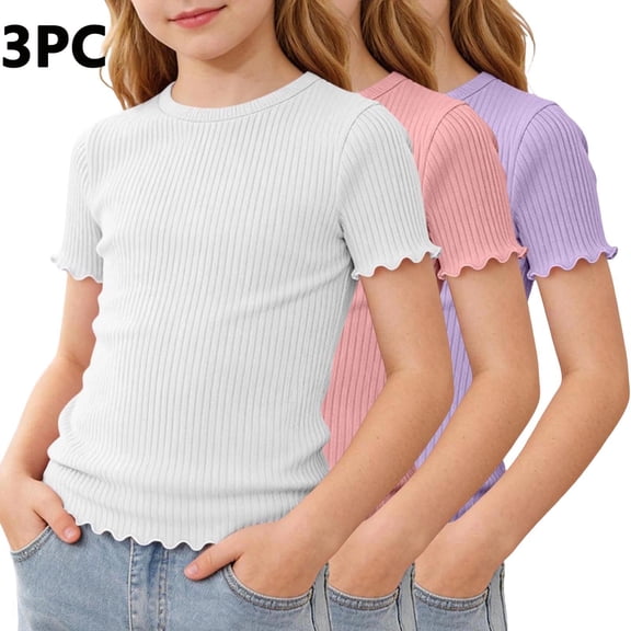 WPPGONE 3 Pack Kids Girls Lettuce Trim Shirts Ribbed Knit Short Sleeve Tops Solid Color Slim Fit Basic Tee Casual Summer School Wear Ruffle Edge Blouse Clothes