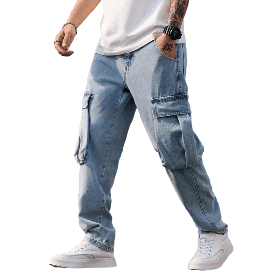 Mrmall Mens Regular Fit Jeans Straight Leg Casual Mid Rise Cargo Denim Jeans