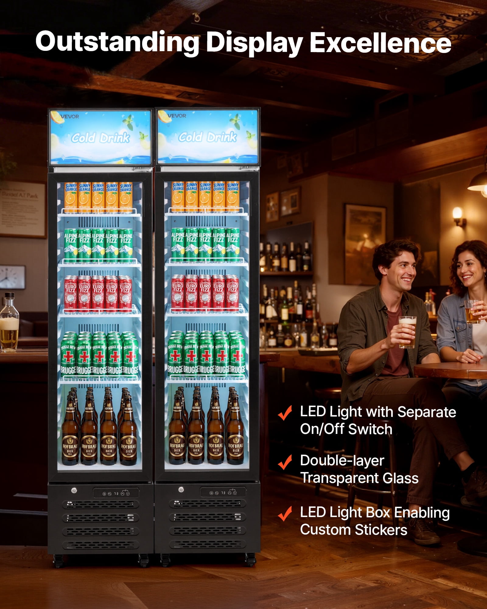 VEVOR Commercial Merchandiser Refrigerator, 7.5 Cu.Ft / 213 L Glass Door Display Refrigerator, Upright Beverage Cooler with Customizable Lightbox,4 Adjustable Shelves & Soft LED Light for Homes Shops