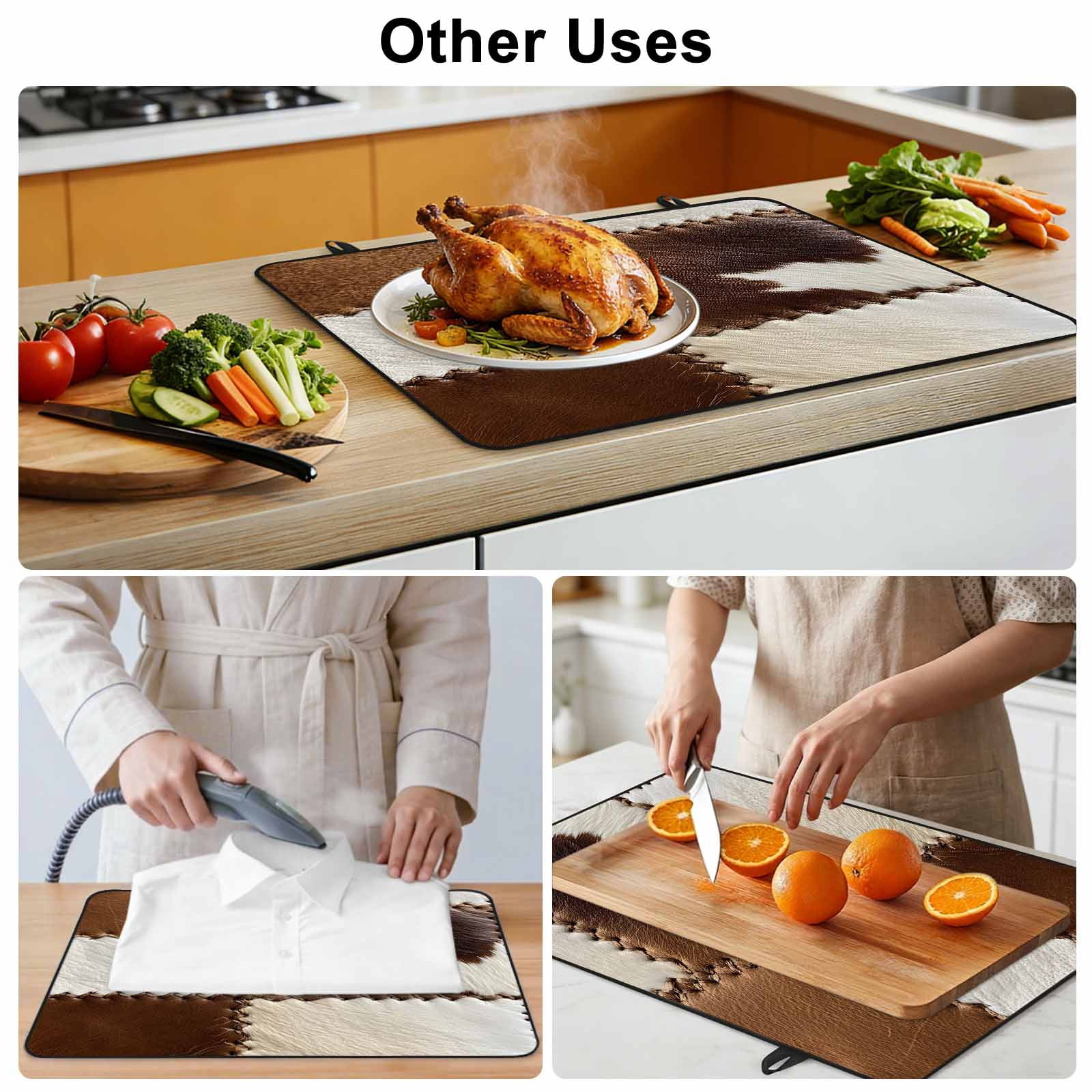 Brown White Leather Texture Stove Top Cover for Electric Stove, Heat-proof & Non Slip Glass Top Stove Cover Protector, Abstract Art Cowhide Kitchen Flat Cooktop Rubber Mat 24x21 Inches