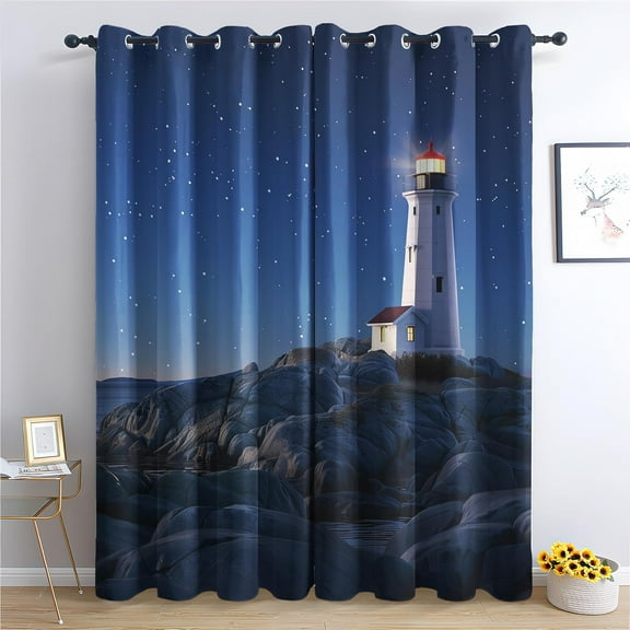 Lighthouse Curtains For Bedroom Living Room, Nautical Blackout Curtains & Home Decor, Coastal Starry Sky Window Curtains, Thermal Room Darkening Grommet Drapes 52"W x 96"L (Pack of 2)