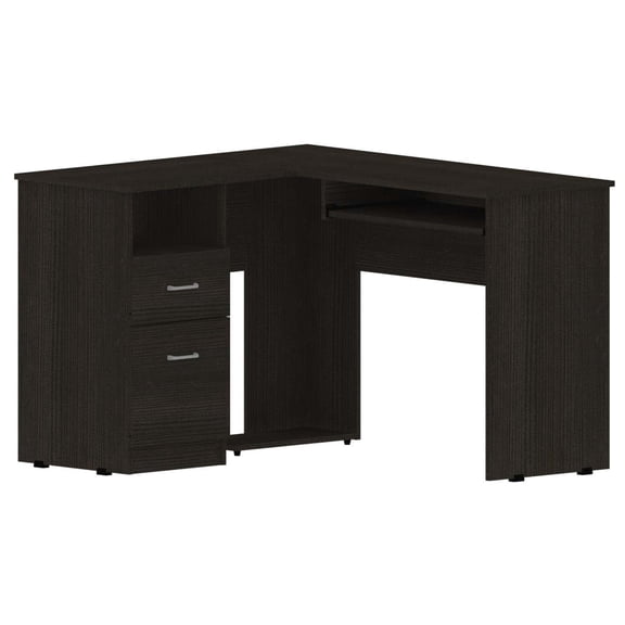 Asteroutdoor L-Shaped Desk with Keyboard Tray, Two Drawers, and Open Shelf, Black
