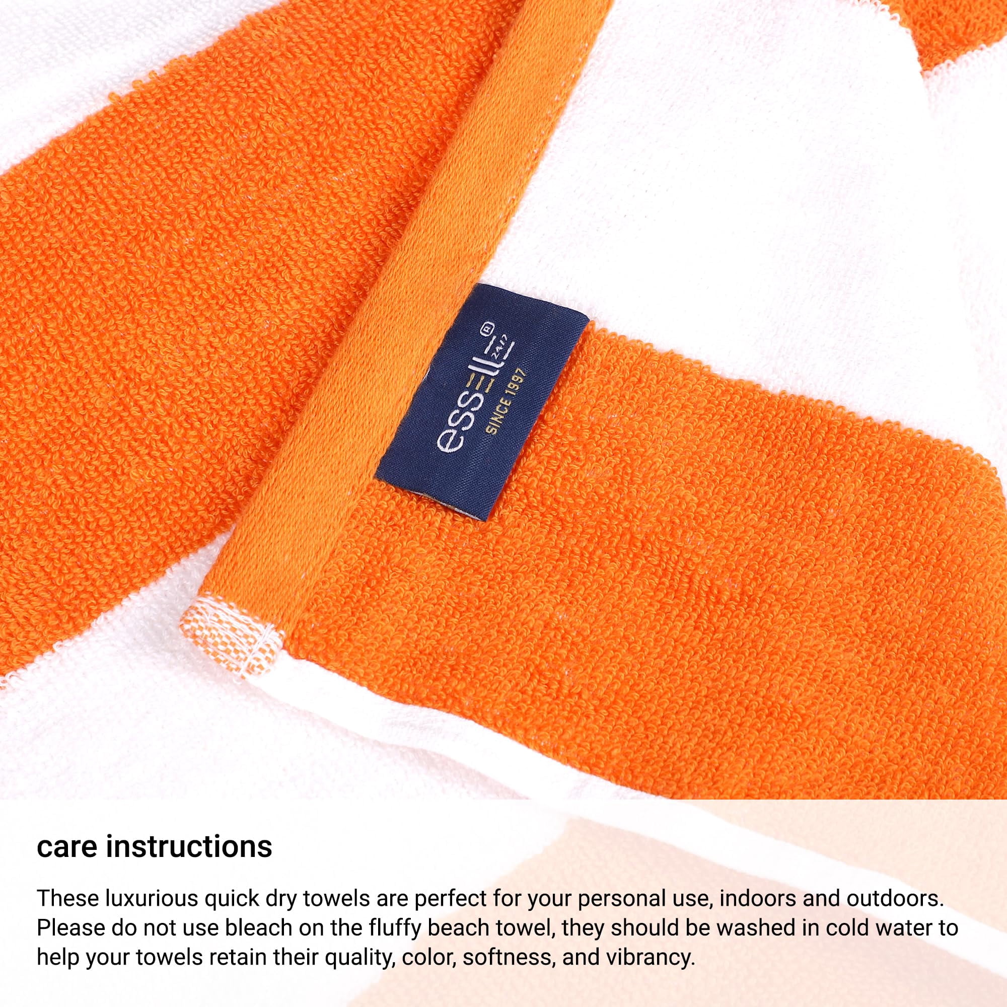 ESSELL 24/7 Oversized Cabana Stripe 4 Piece Beach Towel Set, 100% Cotton, Quick Dry, High Absorbent Bath Towel, (30”X60”), Perfect for Pool, Travel, Swim, Parties, Guests - Orange