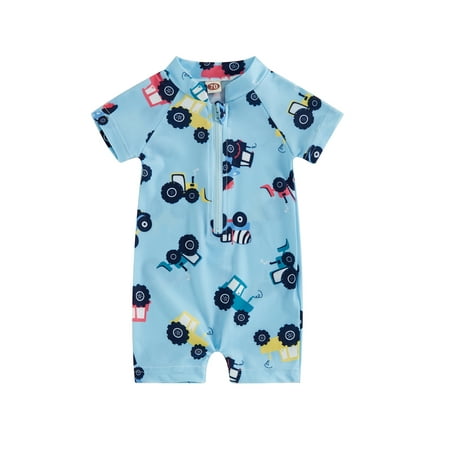 

FSDJHSDH Kids Boys Swimwear Tractor/Fish Print Short Sleeve Zipper Rash Guard