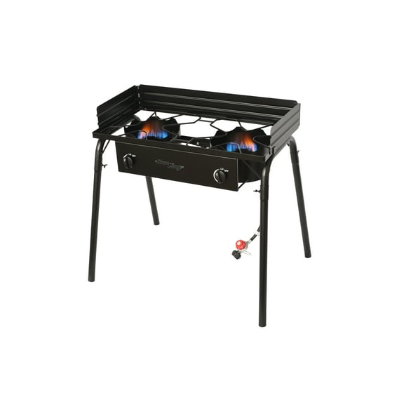 Flame King Standup 2 Burner Camp Stove, Propane Camping Stove, 200K BTU, Black, 31” x 16” x 35”