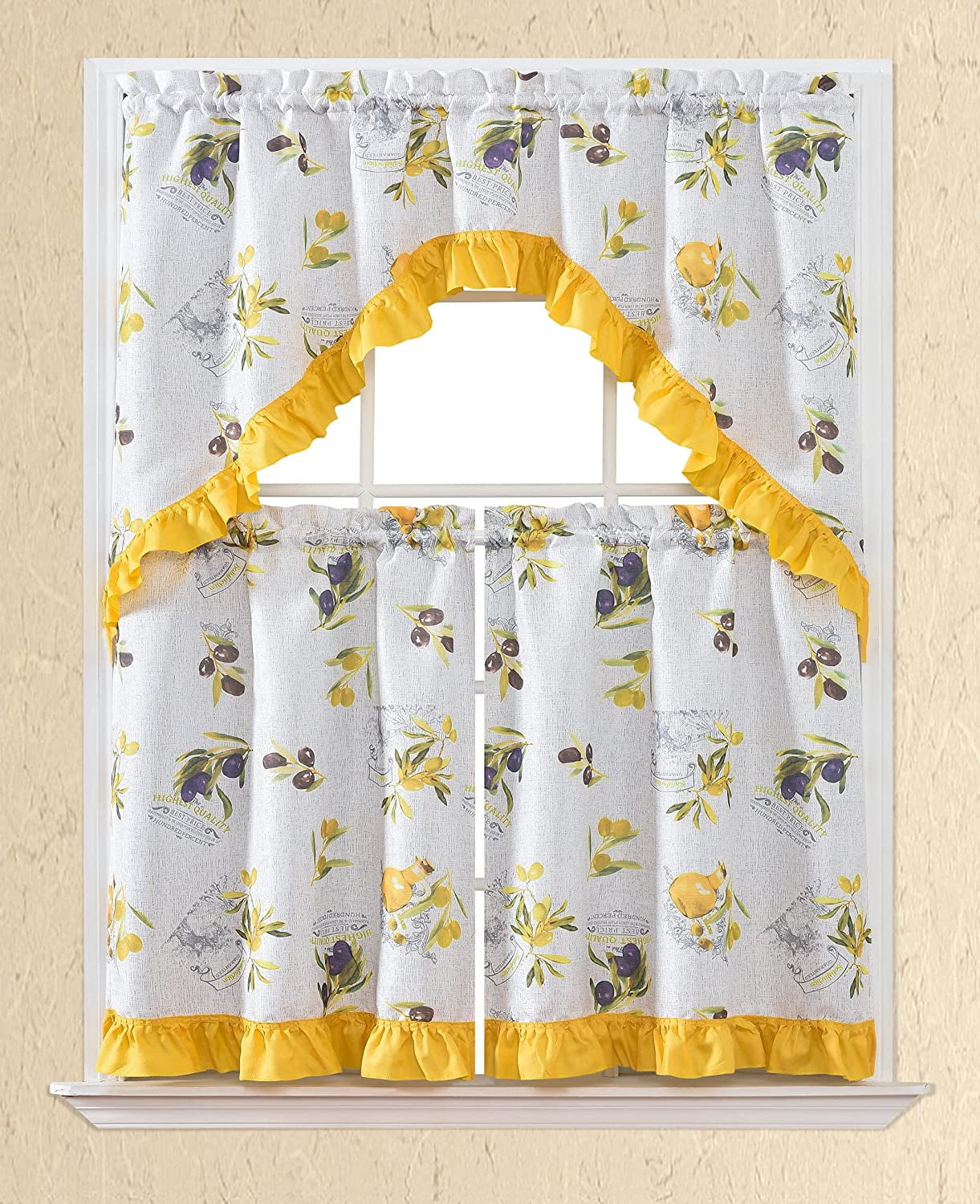 3 PC Kitchen Curtain Swag Set, Fruit Floral Rooster Printed Design Window Panels - Picture 57 of 62