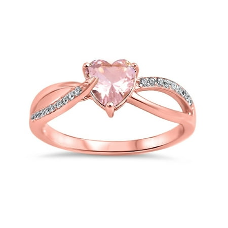 - Pink Simulated Morganite Cubic Zirconia Heart Swirl Ring Rose Gold-Tone Plated Sterling Silver