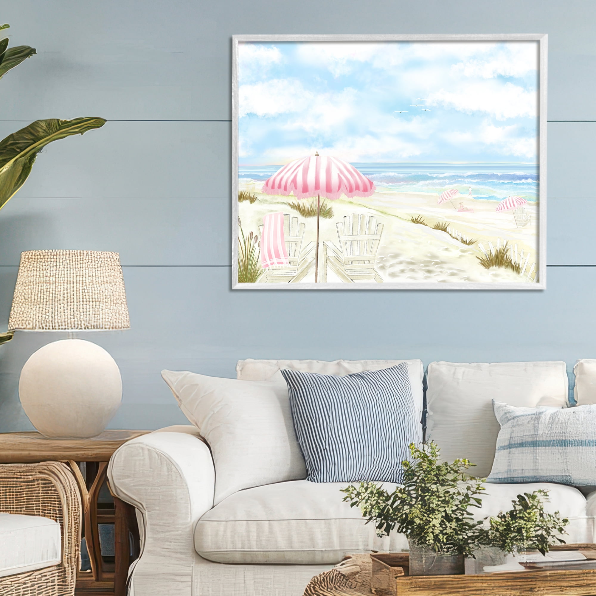 Seascape with Pink Umbrella White Framed Giclee Art, design by Lori Mosley
