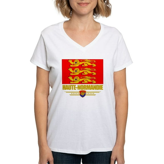 CafePress - Haute Normandie (Flag 10) Women's V Neck T Shirt - Womens Cotton V-Neck T-shirt