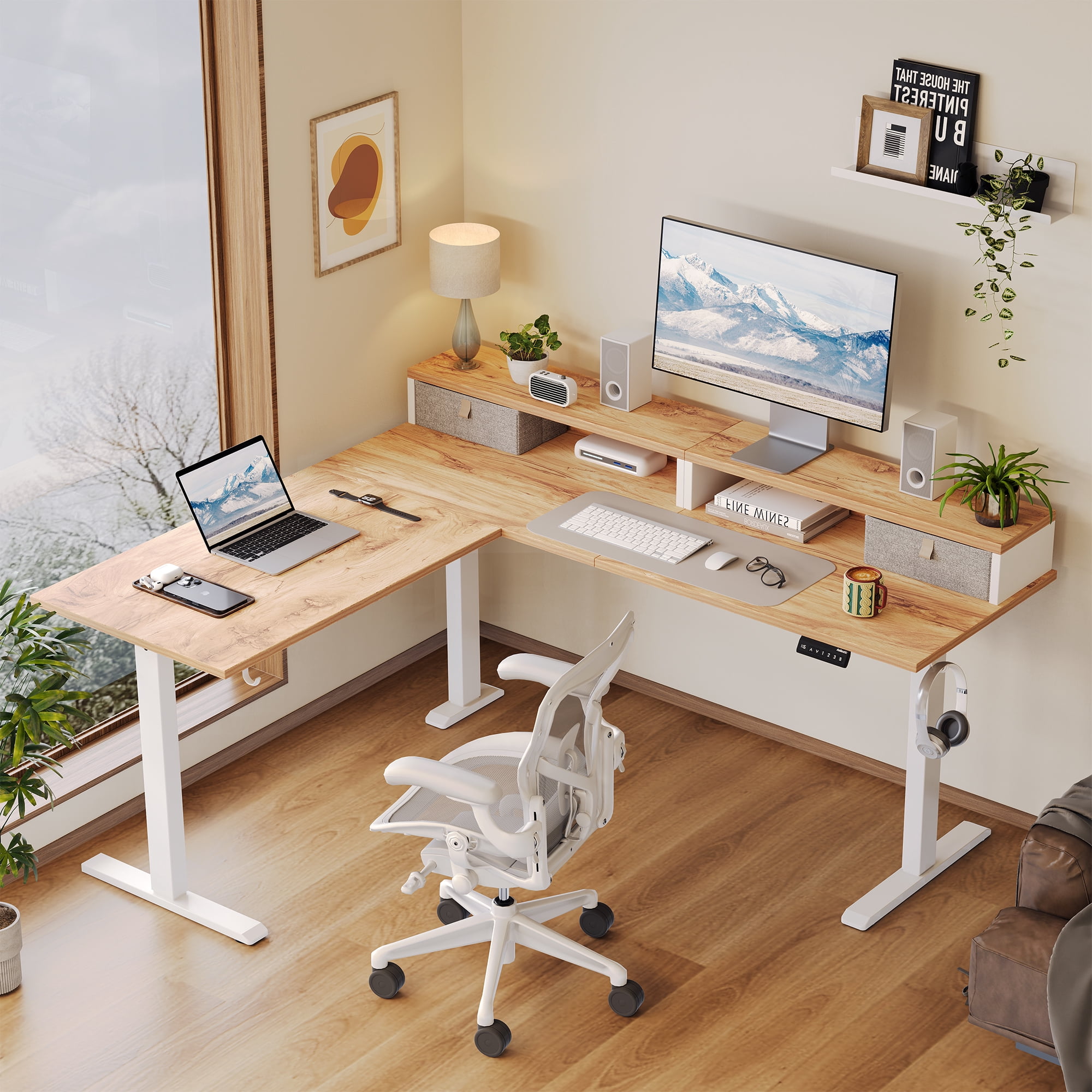62.9" L Shaped Standing Desk with Drawers & Monitor Shelf, Electric Height Adjustable Corner Desk, Ergonomic Home Office Computer Desk with Hooks & Cable Management,Light Rustic Brown