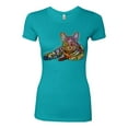 thumbnail image 3 of First We Still Your Heart Then Your Bed | Funny Neon Colorful Cat | Dean Russo Art Animal Lover Womens Slim Fit Junior Tee, Tahiti Blue, Small, 3 of 6