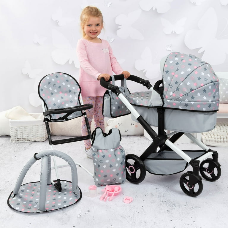 Bayer Design Dolls: Xeo 11 Piece Set - Grey, Pink, Stars - Pram