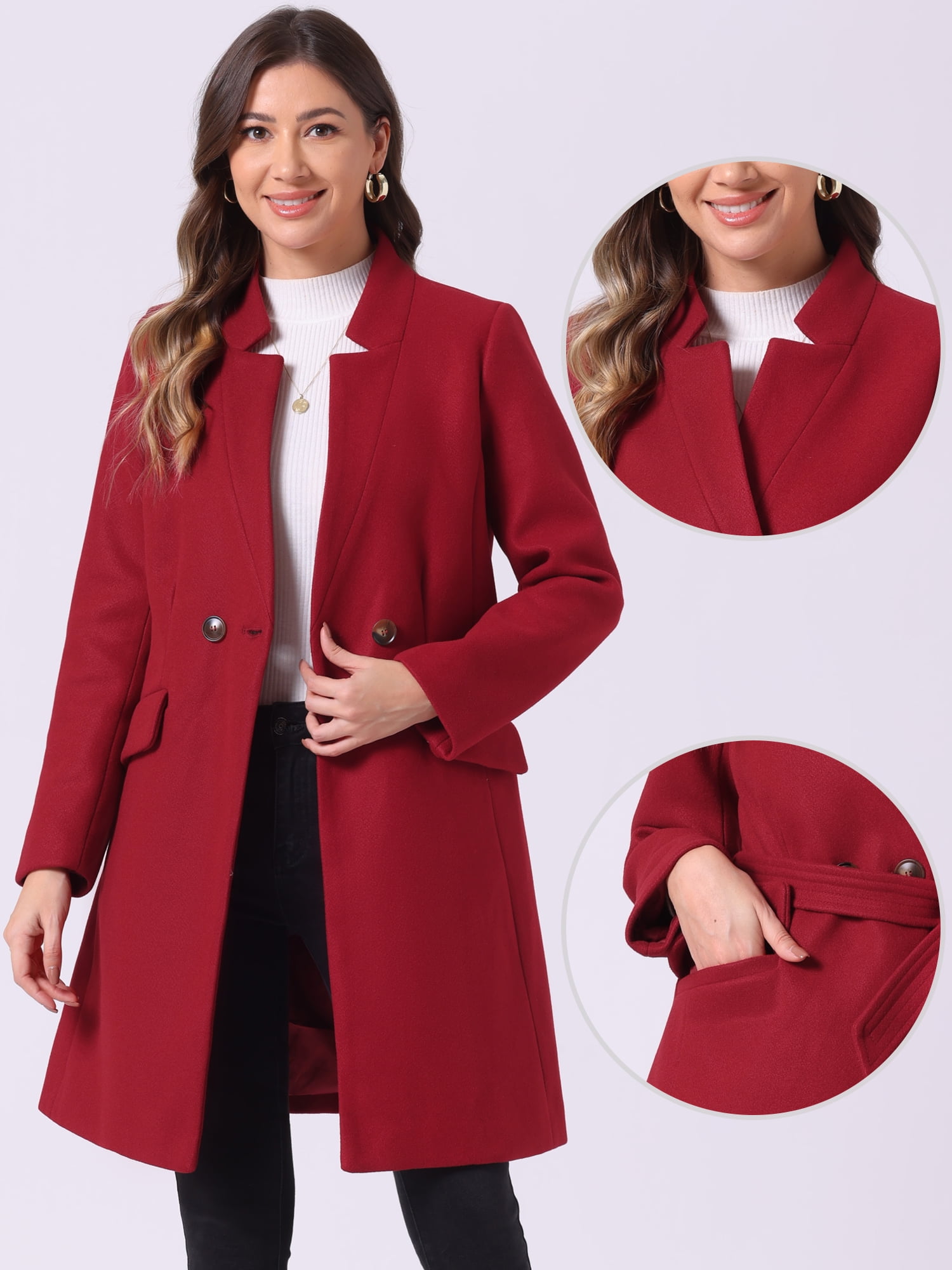 DARING DIVA Women's Vintage Belted Coat Stand Collar Winter Outwear Coats Dark Red M