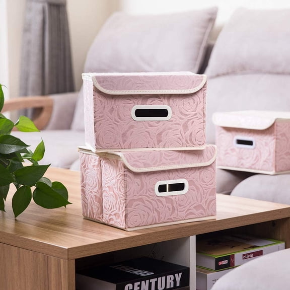 RGHJAR-Collapsible Storage Boxes with Lids Fabric Decorative Storage Bins Cubes Organizer Containers Baskets with Cover Handles Divider for Bedroom Closet Living Room 9.8x7.9x6.7 Inch 3 Pack