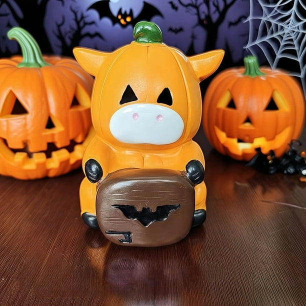Juego de figuras de resina de Halloween: bruja calabaza y divertida vaca calabaza para decoración festiva