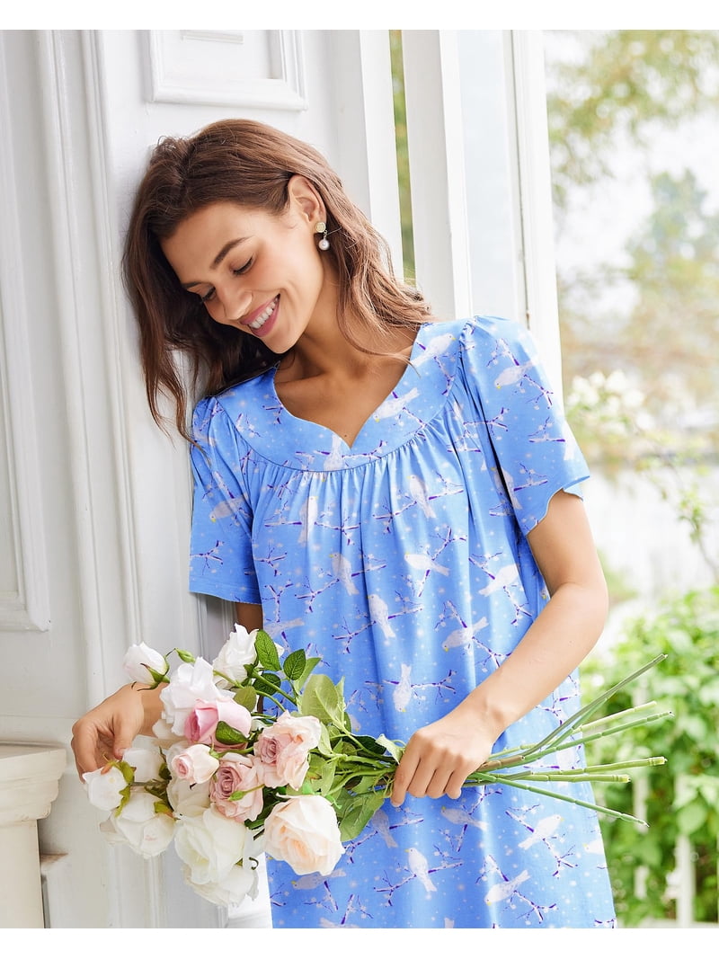 cotton house dress with pockets Ekouaer Nightgowns for Women Cotton House Dress with Pockets Short Sleeve Mumu Dress Embroidered Lounge Dress Blue Pigeon M
