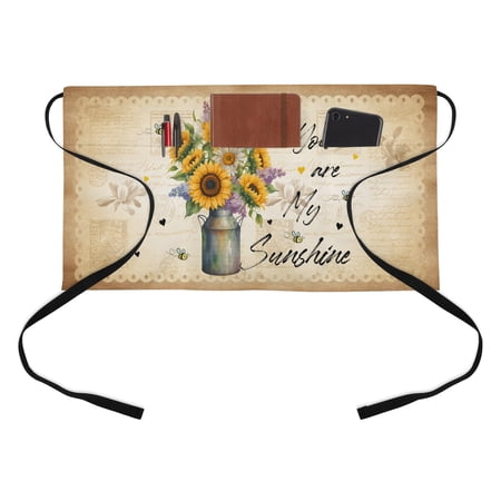 Vintage Sunflowers Kitchen Restaurant Half Waist Apron, White Daisy Bees You Are My Sunshine Server Short Apron with 3 Pockets Waterproof Oil Waist Aprons for Women Waitress Waiter