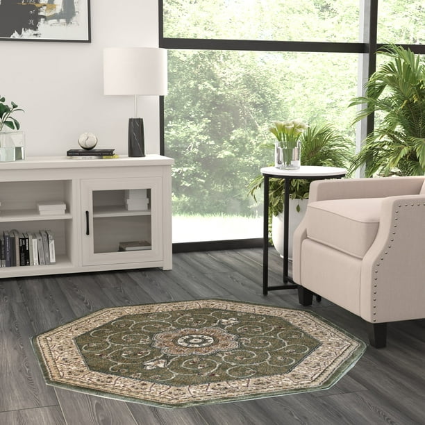 BizChair Traditional Octagon Area Rug Design # 404 Green (4 Feet X 4 ...