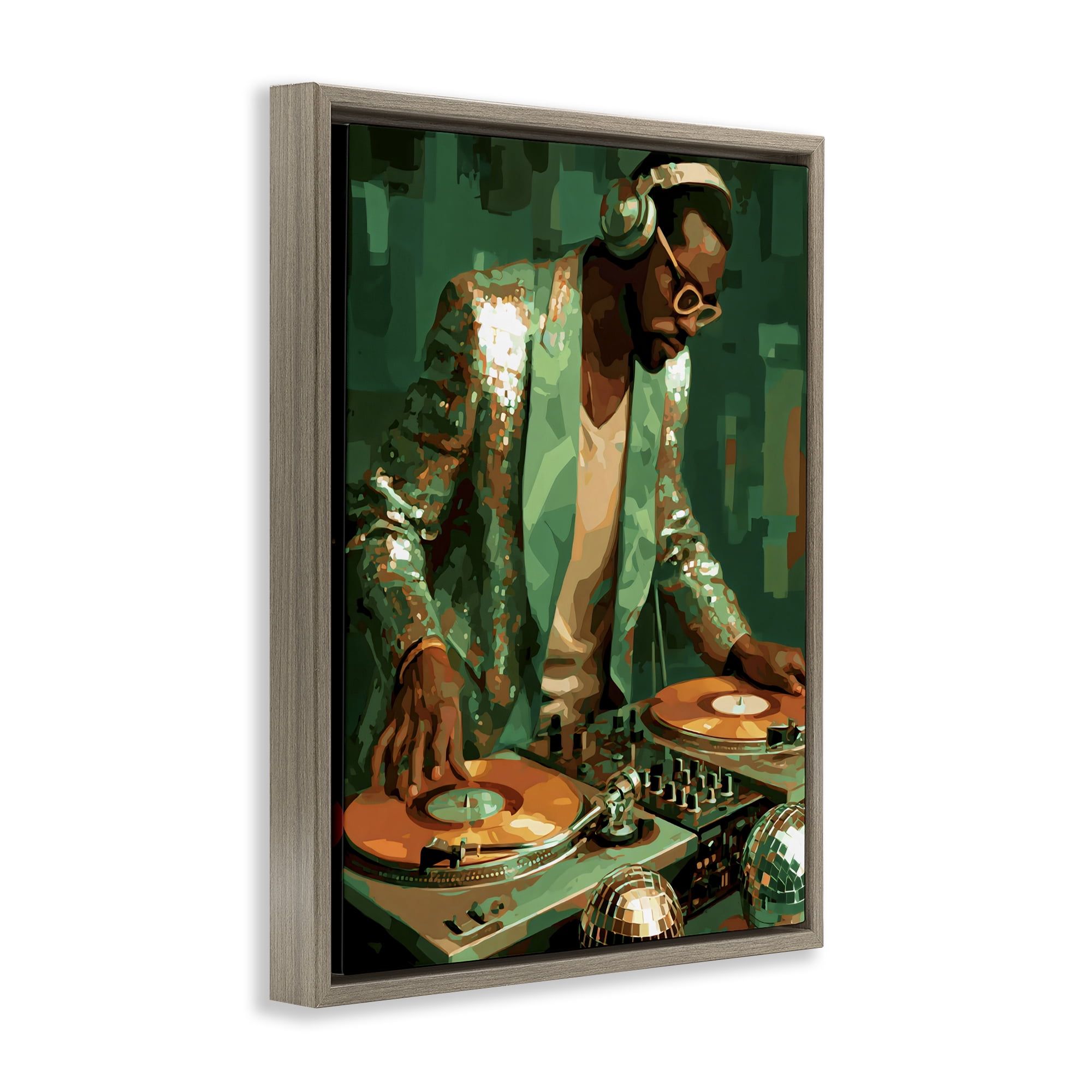 Stupell Industries Green Disco DJ Music Brown Framed Floater Canvas Wall Art, design by Franklyn Gregory