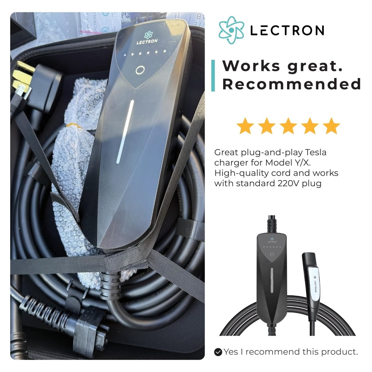 Lectron Level 1/2 (8A to 40A) Tesla NACS Portable EV Charger - Dual-Level Electric Vehicle Charging Station with NEMA 14-50/5-15 Plug - Compatible with All NACS Electric Vehicles