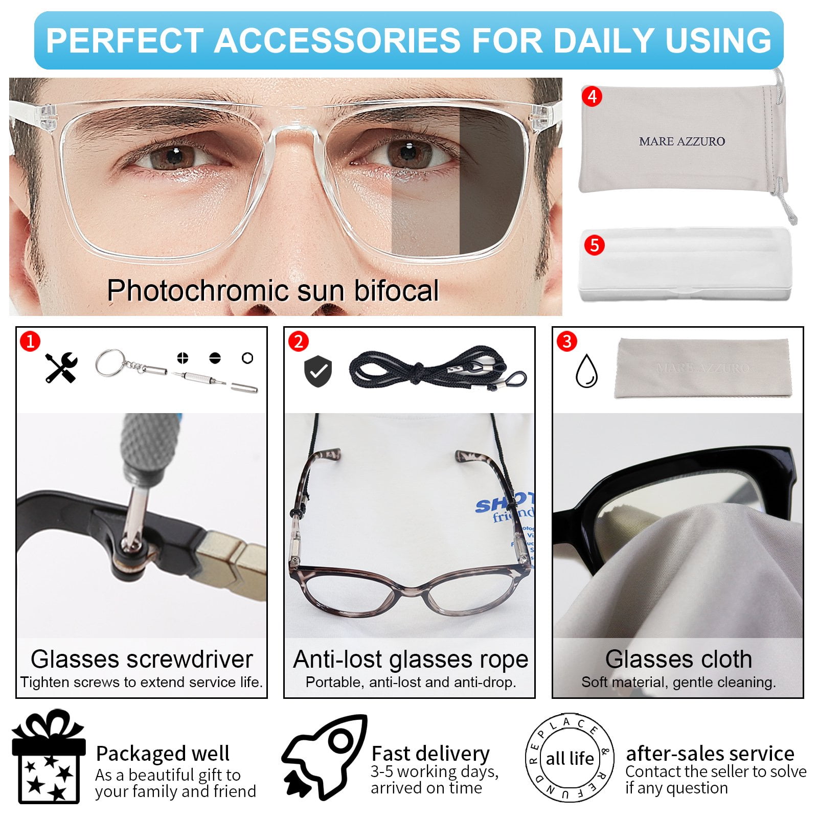 MARE AZZURO Photochromic Bifocal Reading Glasses Men Blue Light Blocking Readers Sunglasses 1.0 1.5 2.0 2.5 3.0 3.5 4.0 (Transparent, 1.50) with Polycarbonate Lens