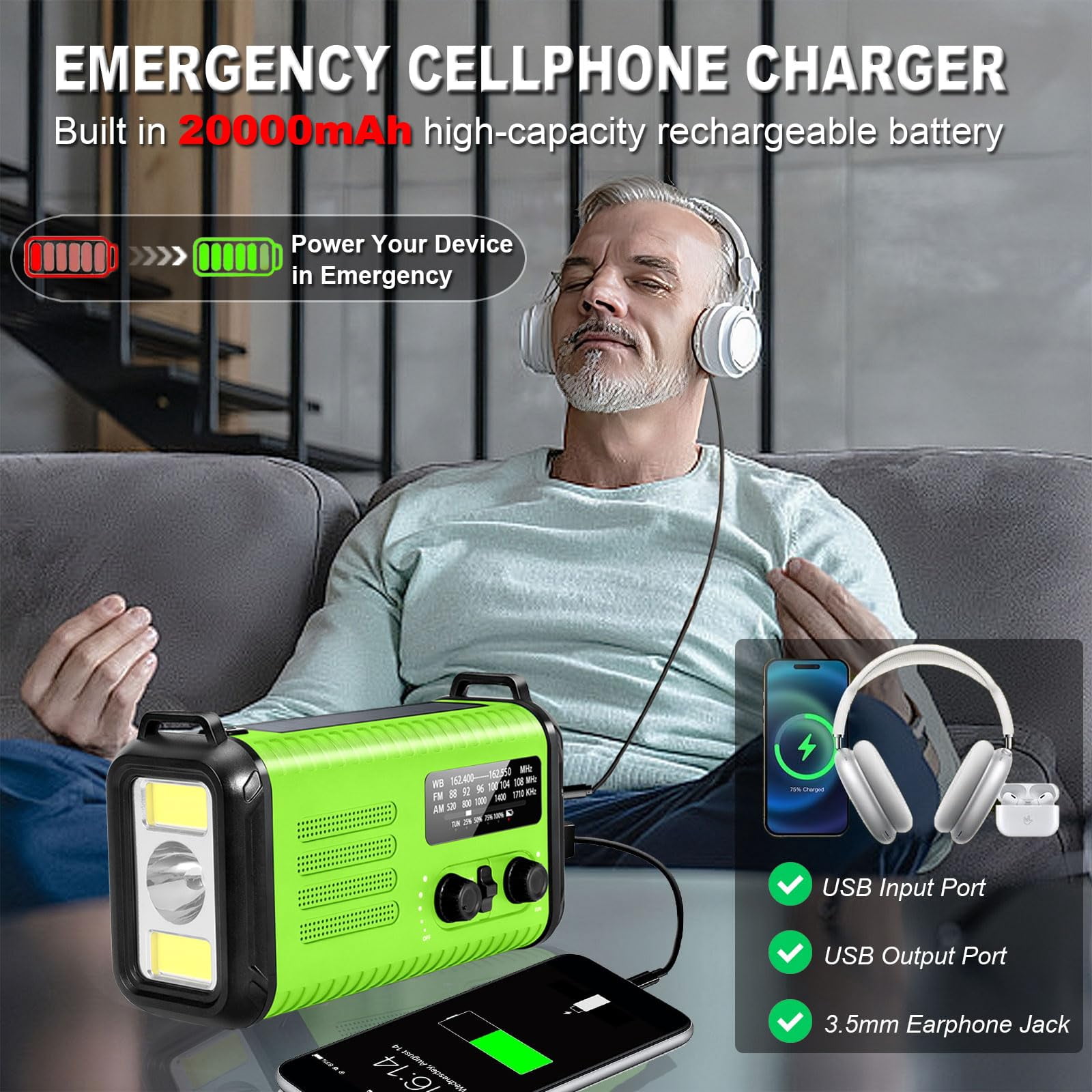20000mah/ 74000mwh Emergency Hand Crank Radio  Am/fm/noaa Portable Weather Solar Radios With Usb Phone Reading Lamp Flashlight & Sos For Emergency/hurricane/home