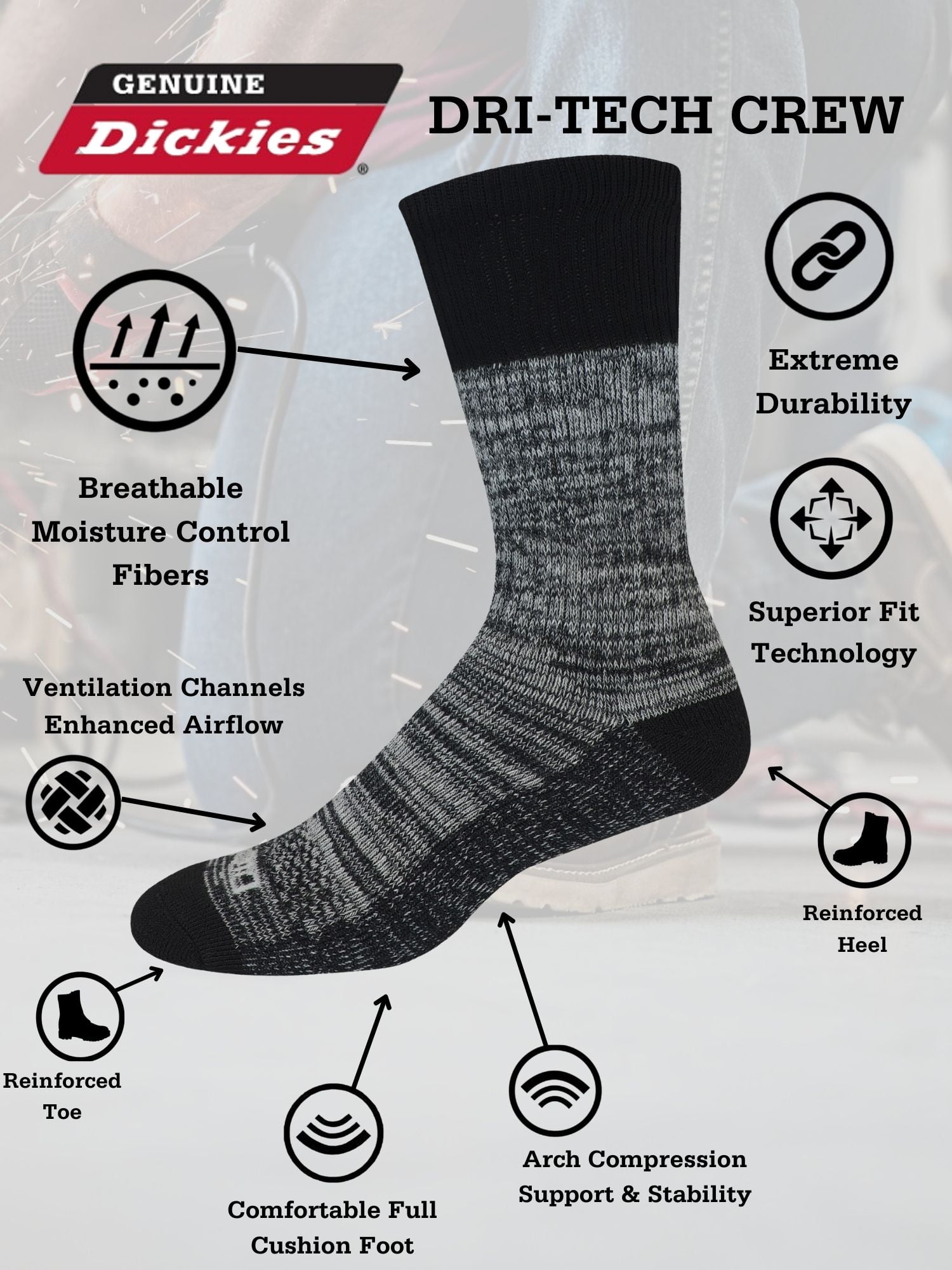 Genuine Dickies Men's Dri-Tech Crew Socks, 6-Pack, Sizes 6-15