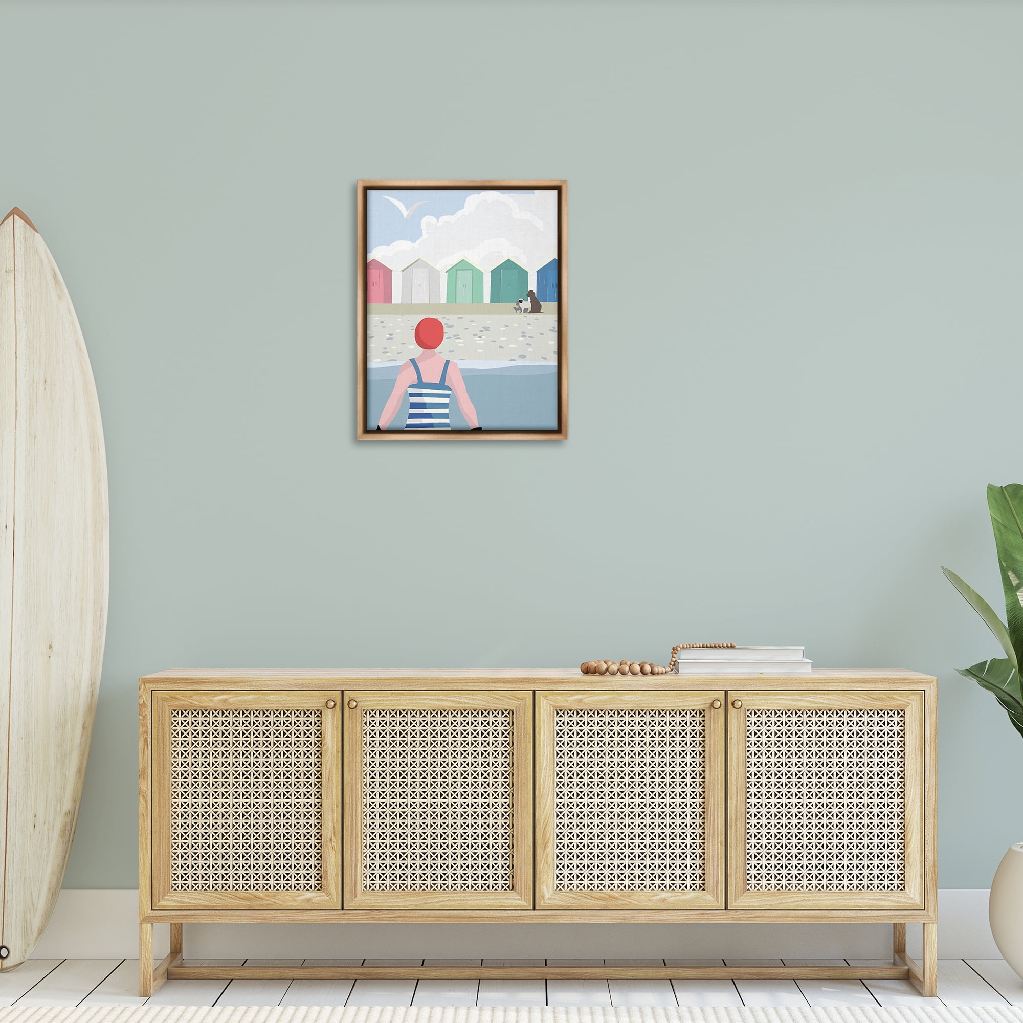 Stupell Industries Beach Huts View Nautical & Beach Painting Brown Floater Framed Canvas Art Print Wall Art, 25 x 31